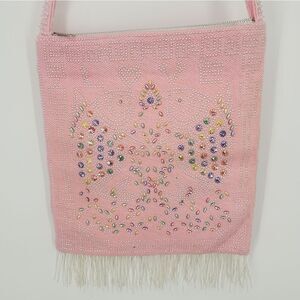Vtg Pink Beaded Hand Bag With Fringe At Bottom Made In Hong Kong Zipper Closure